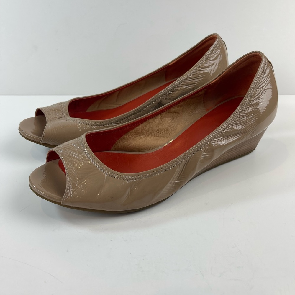Cole Haan Women’s Nude Tan Blush Patent Leather Wedge Peeptoe Size 12